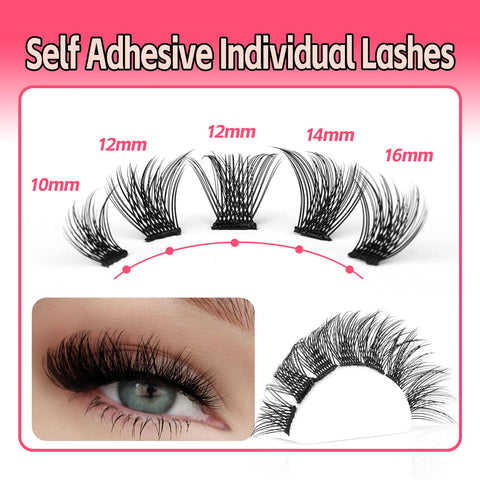 Self Adhesive Individual Lashes 60 Pcs No Glue Cluster Lashes Self Adhesive DIY Eyelashes Extension Natural Lashes Extension D Curl Lash Clusters No Glue Needed(10-16MM)