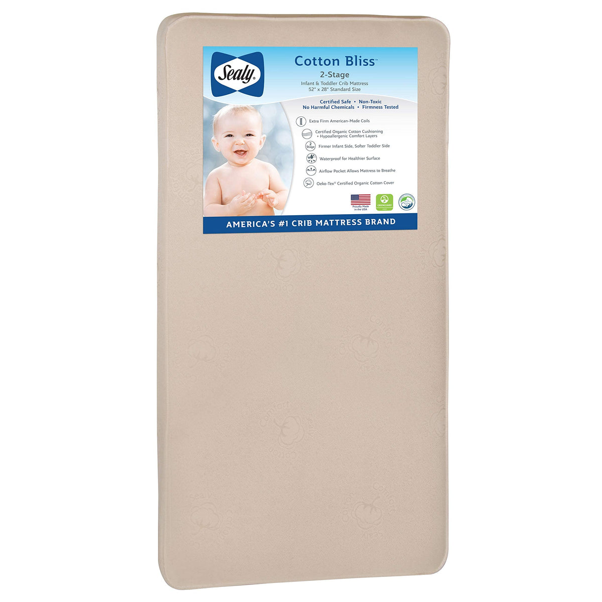 Sealy Cotton Bliss Breathable 2-Stage Dual Firmness Waterproof Baby Crib Mattress & Toddler Bed Mattress, 204 Premium Coils, Organic Cotton Crib Mattress Cover, Sustainable, Made in USA, 52"x28"