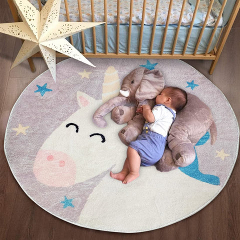 Poowe Kids Play Mat Baby Nursery Rug Round Educational Alphabet Soft Area Rug Non Slip for Children Toddlers Bedroom (Round 39.4", Unicorn)