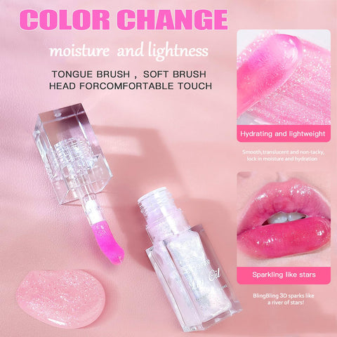 Color Changing Moisturizing Lip Glow Oil, Magic Plumping Lip Oil, Warm Change Color Changing Moisturizing Lip Gloss Long Lasting Nourishing Lip Glow Oil Non-sticky Primer Lip Tint (02 Shimmer Pink)