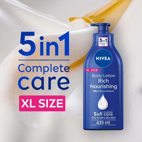 NIVEA Rich Nourishing Body Lotion (625ml), Moisturising Lotion with Almond Oil and Vitamin E, Provides 48h Deep Moisture for Smooth, Healthy-Looking Skin