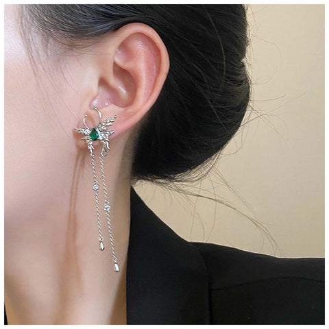 Yheakne Vintage Emerald Butterfly Earrings Silver Chain Tassel Drop Earrings Butterfly Emerald Stud Earings Long Cz Chain Earrings Jewelry for Women and Girls