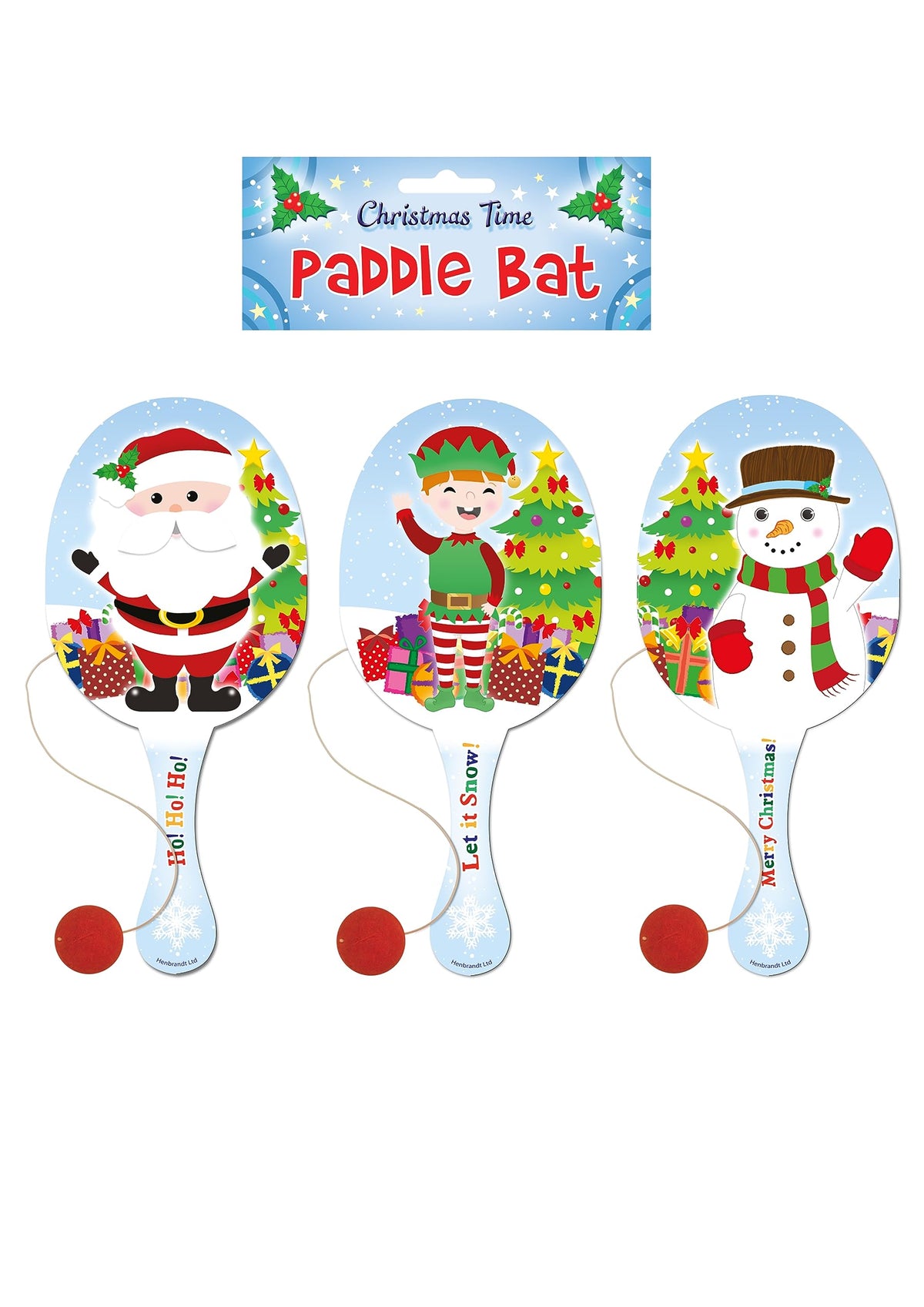 HENBRANDT Single Christmas Wooden Paddle Bat and Ball Game for Kids Unisex Party Bag Favours Loot Bag Stocking Fillers Xmas Gifts Snowman Santa Claus Elf Game for Boys and Girls