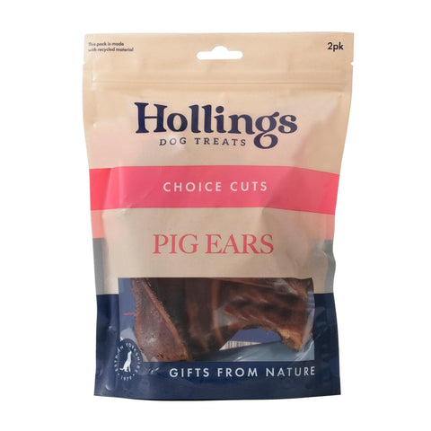 Hollings Pig Ears Dog Treats, 100% Natural Air Dried Long Lasting Chews for Adult Dogs, Grain Free & High in Protein (Pack of 2)