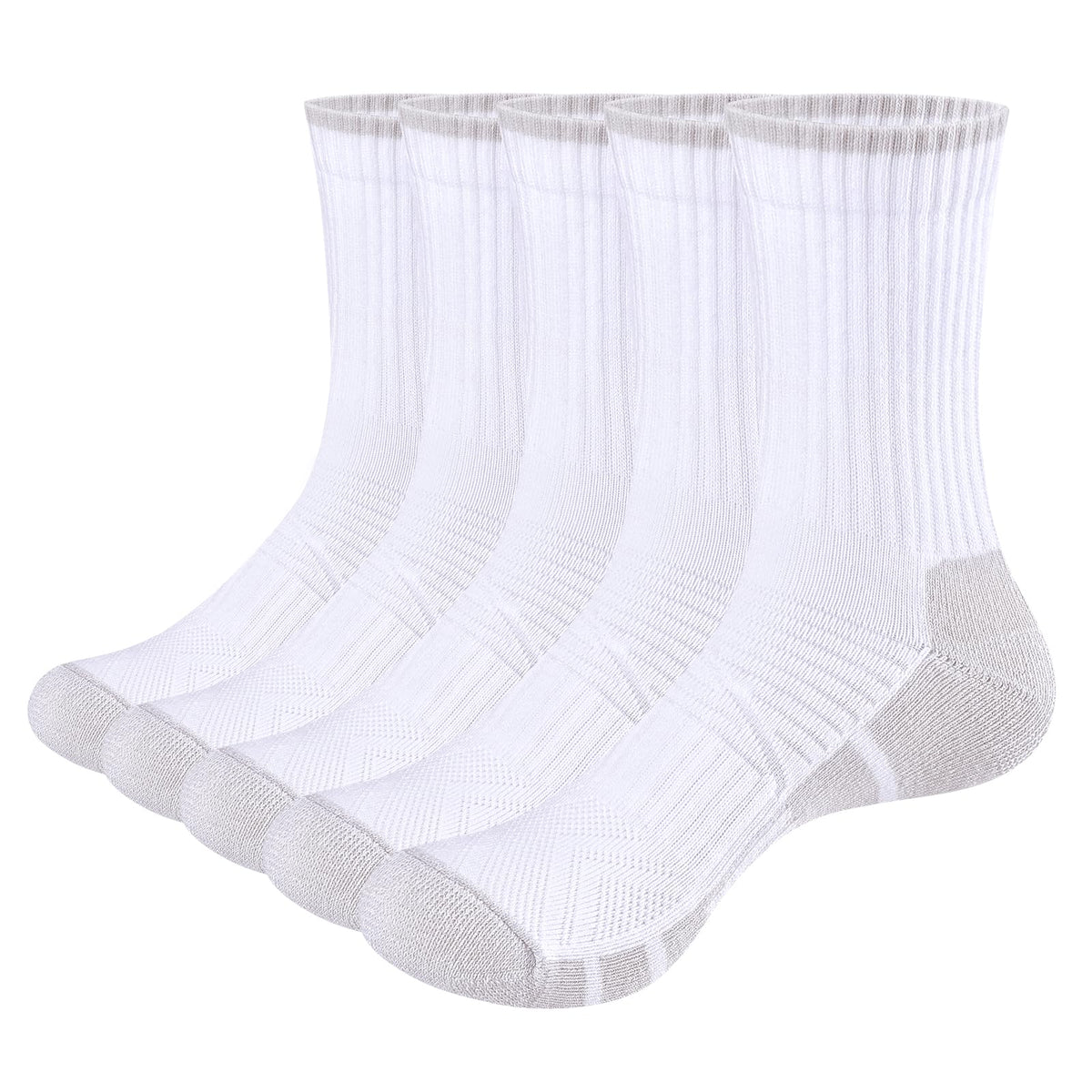 YUEDGE Mens White Hiking Walking Socks Fitness Golf Training Sports Socks Moisture Wicking Cotton Athletic Cushioned Crew Socks For Men Size 9-11/6-10, Multipack, 5 Pairs