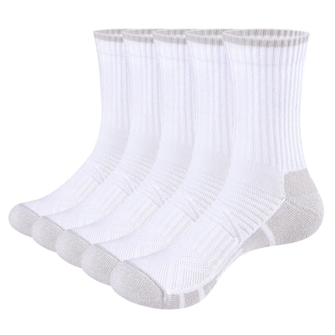 YUEDGE Mens White Hiking Walking Socks Fitness Golf Training Sports Socks Moisture Wicking Cotton Athletic Cushioned Crew Socks For Men Size 9-11/6-10, Multipack, 5 Pairs