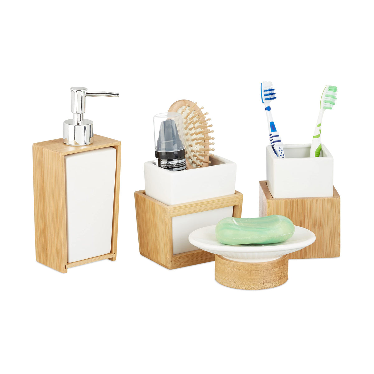 Relaxdays Bath Kit, 4-Piece Bathroom Accessories Set, Bamboo and Ceramics, Soap Dispenser and Tumbler, Natural/White