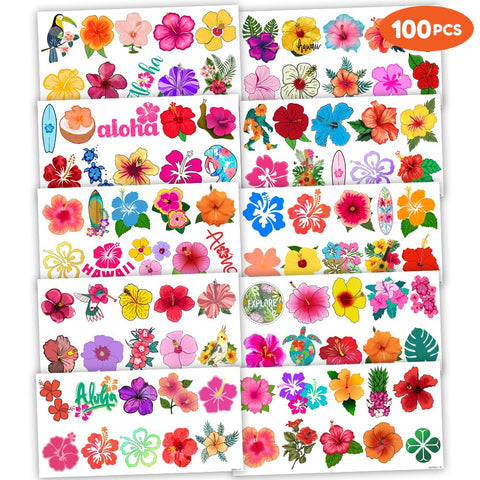 Hibiscus Temporary Tattoos 10 Sheets 100 PCS Flowers Party Decorations Favors Supplies Tropical Hibiscus Theme Birthday Cute Stickers Christmas Gifts for Boys Girls Class School Prizes Carnival