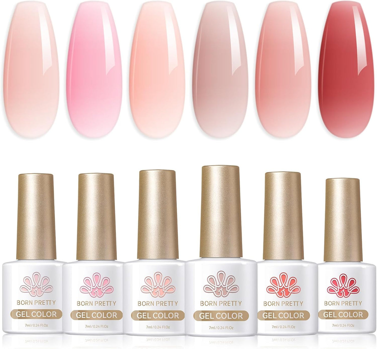 BORN PRETTY Jelly Gel Nail Polish Set, Nude Pink Gel Polish Kit Sheer Milky Transparent U V LED Gel Nail Clear Gel Polish Varnish Nail Art DIY Salon 6Pcs 10ML