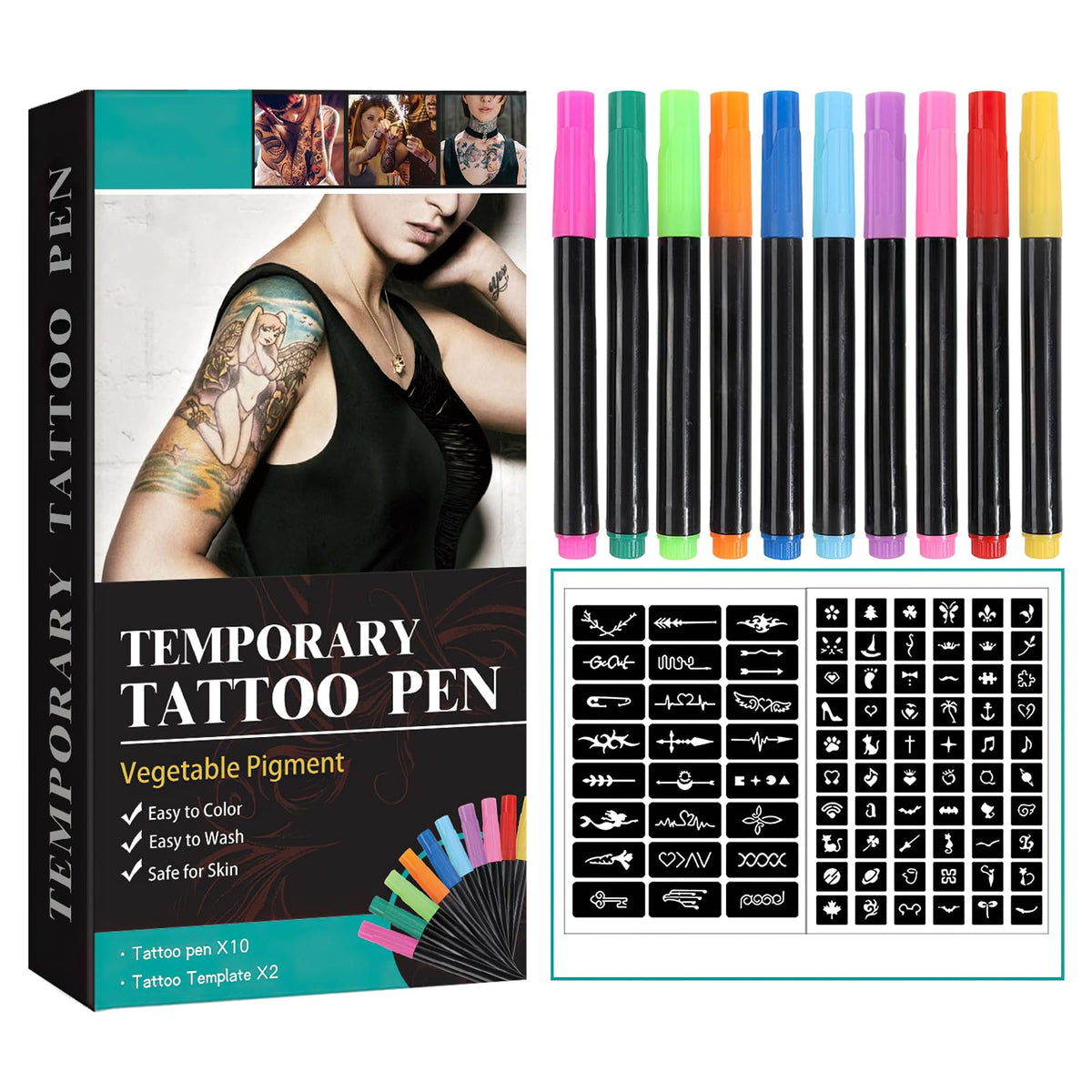 MIELIKKI Temporary Tattoo Pen, Removable Body Tattoo Markers, 10 Tattoo Pens + 2 Tattoos Stickers, Skin Safe Face Paint Tattoo Kits, Halloween Christmas Gifts for Teenage Girls Boys Adults