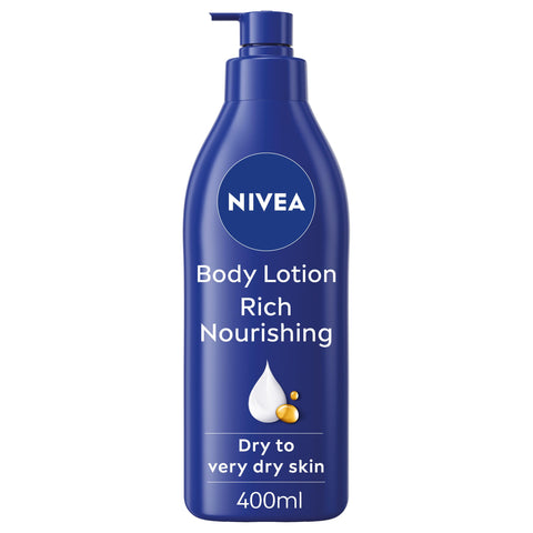 NIVEA Rich Nourishing Body Lotion (400ml), Rich 72H Hydration NIVEA Moisturiser for Dry Skin Made with Deep Moisture Serum and Almond Oil, Intensive Hydration NIVEA Body Lotion