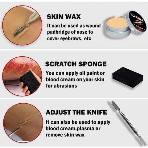 CAHIUYOA Halloween SFX Makeup Kit,Fake Wound Special Effects Makeup Kit,Scars Wax,Fake Blood Gel,Fake Blood Spray,Spatula, Stipple Sponge,Scar Water