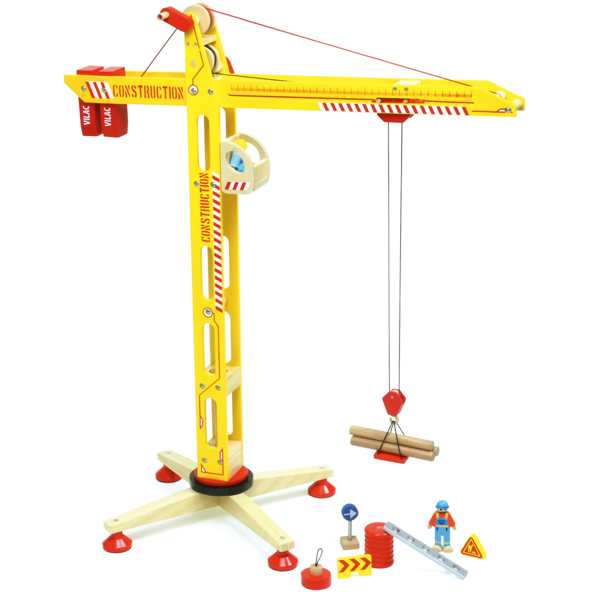 Vilac Large Wooden Toy Crane, Includes a Winch, Extendable Boom and Magnets, Develop Hand Eye Coordination, 64 x 72 x 4 cm, 3 Years+