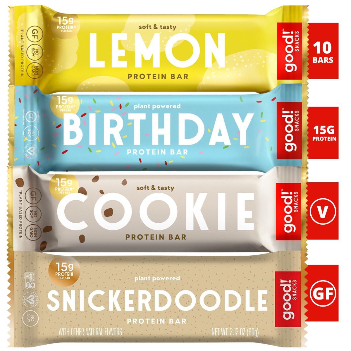 good! Snacks Vegan 4 Flavor Variety Pack Protein Bars | Gluten Free, Plant Based, Low Sugar, Kosher, Soy Free, Non GMO | 15g Protein (10 Bars)