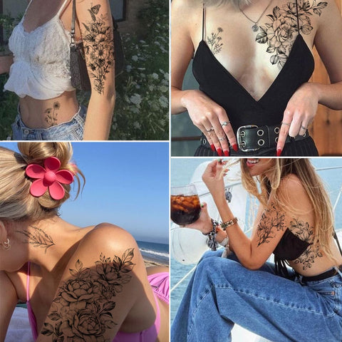 CHARLNET 23 Sheets Flower Temporary Tattoos For Women - Waterproof Realistic Rose Orchid Tattoos Tiny Branch Sketch Fake Tattoos for Women Body Art Arm Neck Hands