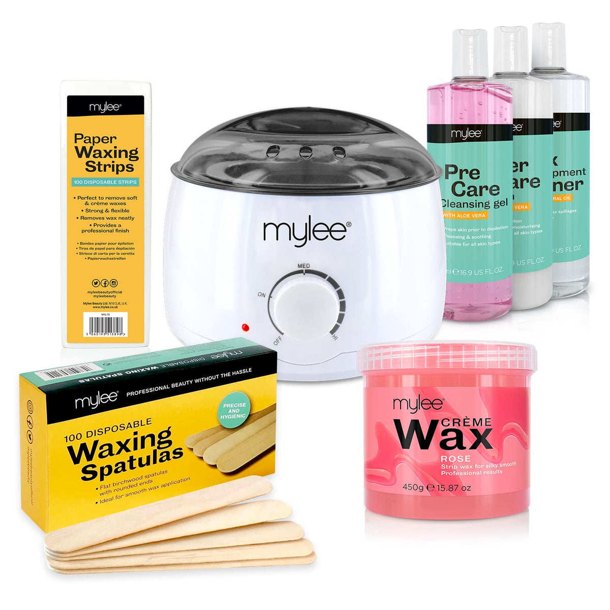 Mylee Salon Quality Waxing Kit Includes Wax Heater, Rose Wax, Waxing Strips, Spatulas, Mylee Pre and After Care Lotion and Equipment Cleaner (Rose Wax Kit)