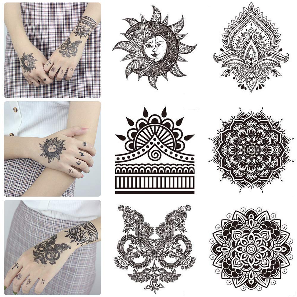 20 Sheets Black Mandala Temporary Tattoo, Rose Henna Flower Design Petal Leaf Sketch Words Fake Tattoo Sticker for Cool Women Lady Girls, Body Art on Back of hand Finger Arm Clavicle Waterproof