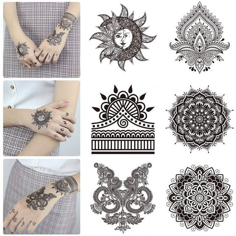 20 Sheets Black Mandala Temporary Tattoo, Rose Henna Flower Design Petal Leaf Sketch Words Fake Tattoo Sticker for Cool Women Lady Girls, Body Art on Back of hand Finger Arm Clavicle Waterproof