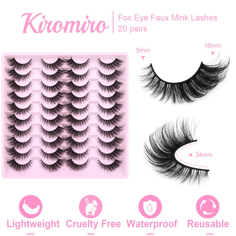 Kiromiro Lashes Fox Eye False Eye Lashes Natural Look Faux Mink Lashes Fluffy 16mm Short Fake Lashes Cat Eye Strip Eyelashes Pack 20 Pairs