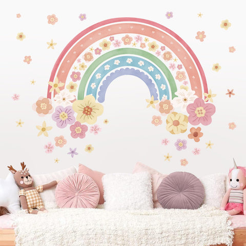 wondever Large Rainbow Wall Decals Colorful Boho Flower Peel and Stick Wall Art Stickers for Girls Bedroom Kids Room Baby Nursery