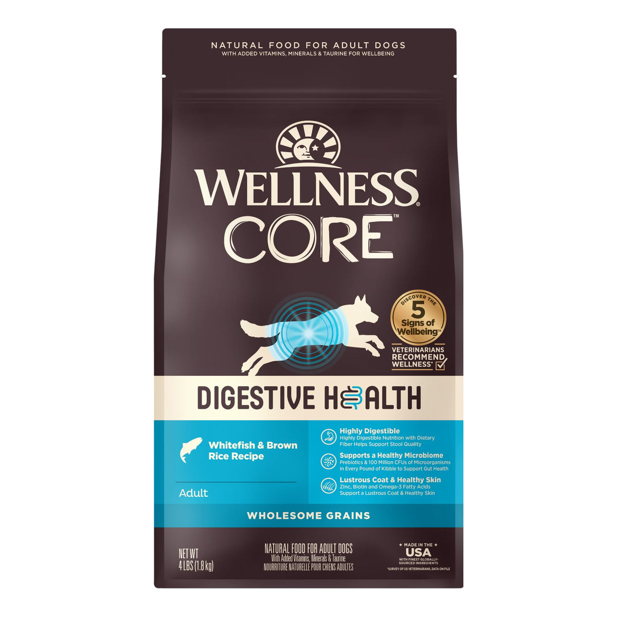 Wellness CORE Digestive Health Dry Dog Food with Wholesome Grains, Highly Digestible, for Dogs with Sensitive Stomachs, Made in USA with Real Protein (Whitefish & Brown Rice, 4-Pound Bag)