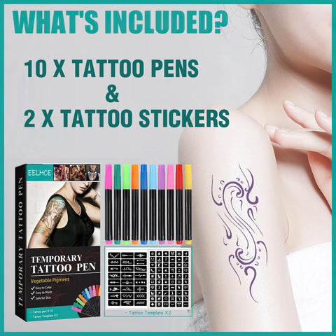 MIELIKKI Temporary Tattoo Pen, Removable Body Tattoo Markers, 10 Tattoo Pens + 2 Tattoos Stickers, Skin Safe Face Paint Tattoo Kits, Halloween Christmas Gifts for Teenage Girls Boys Adults