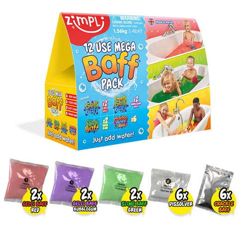 12 Use Mega Value Baff Pack from Zimpli Kids, 4 x Gelli Baff, 2 x Slime Baff & 6 x Crackle Baff, Childrens Sensory & Bath Toy, Birthday Presents for Boys & Girls, Sensory Bath Toys