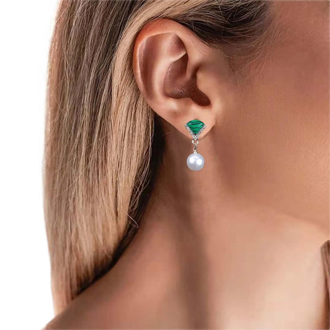 Yheakne Vintage Cz Emerald Pearl Earrings Gold Pearl Drop Earrings Triangle Emerald Earrings Geometric Emerald Stud Earrings Jewelry for Women and Girls