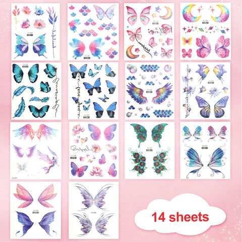 14 Sheets Temporary Tattoo, Glitter Butterfly Tattoos Waterproof Butterfly Face Tattoo Sticker Makeup Tattoos for Women Girls Festival Party Eye Face Makeup