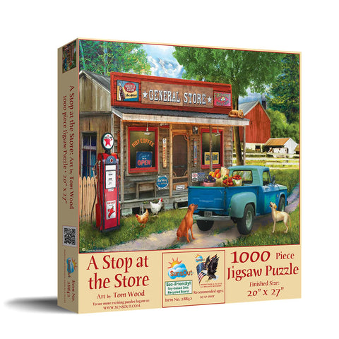 SUNSOUT INC - A Stop at The Store - 1000 pc Jigsaw Puzzle by Artist: Tom Wood - Finished Size 20" x 27" - MPN# 28842