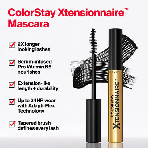 Revlon ColorStay Xtensionnaire Lengthening Mascara, Lash Serum and Mascara In One, With Tapered Brush for 2X Longer Looking Lashes, Infused with Pro Vitamin B5, Smudge-proof, 201 Blackest Black