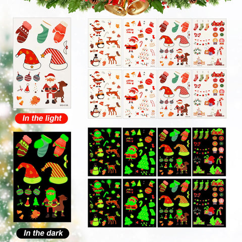 182pcs Glow In The Dark Tattoos, Christmas Temporary Waterproof Luminous Mixed Style Tattoos Sticker Stocking Stuffers Christmas Party Decorations Favors for Kids, 8 Sheets