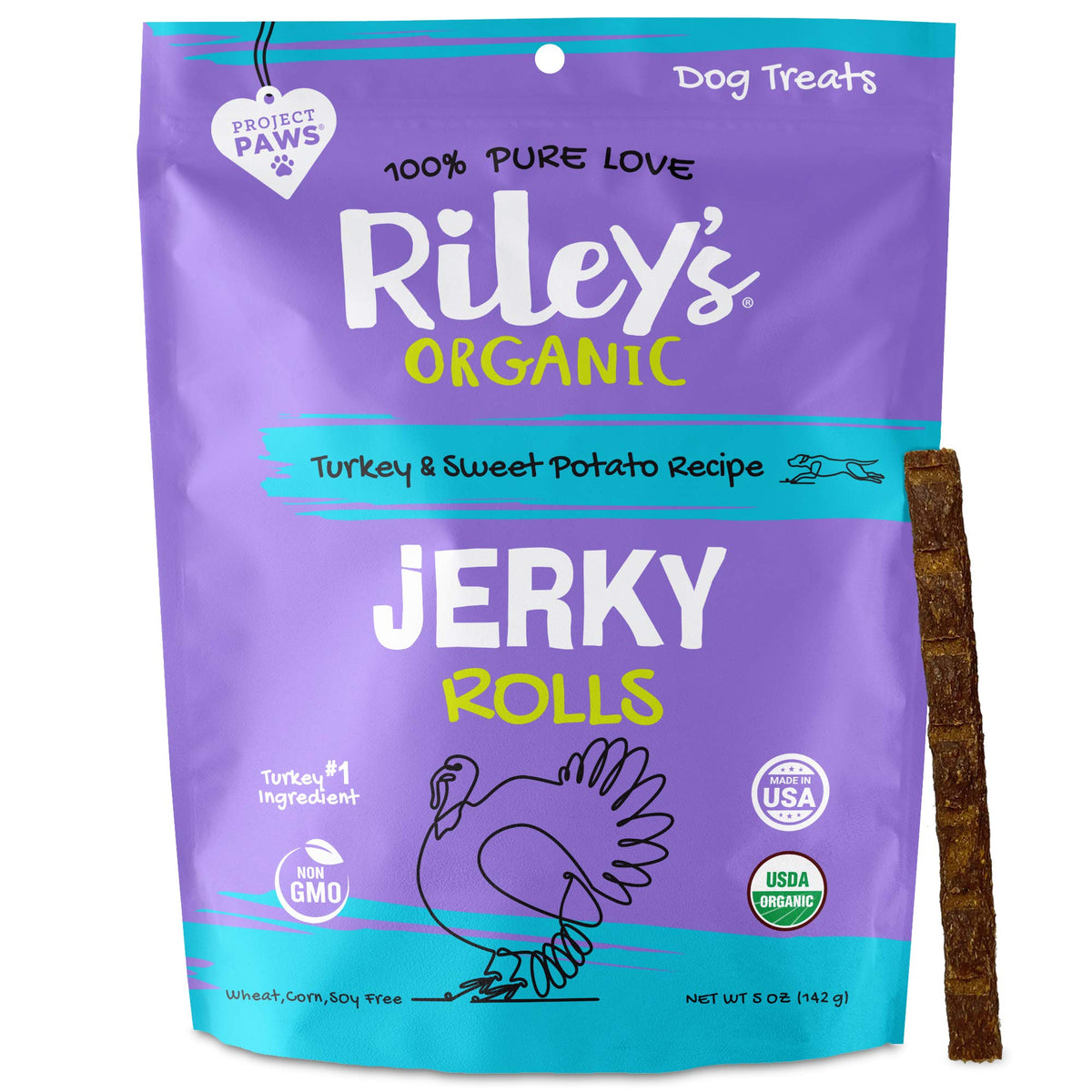 Riley's Organic Dog Jerky Treats - Dog Training Treats - Organic - Soft Jerky Treats for Dogs - Easy Snap Rolls for Any Size Dog (Turkey & Sweet Potato, 5 oz)