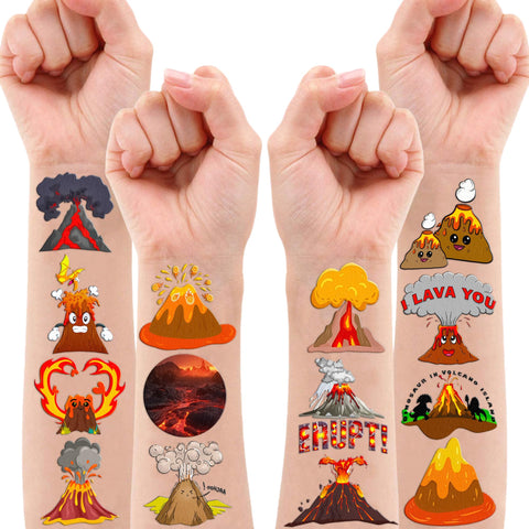 84PCS Volcano Temporary Tattoos Themed Fire Birthday Party Decorations Supplies Favors Decor Hot Lava Floor Hawaii Dinosaur Tattoo Stickers Gifts For Kids Boys Girls Adults School Prizes Carnival