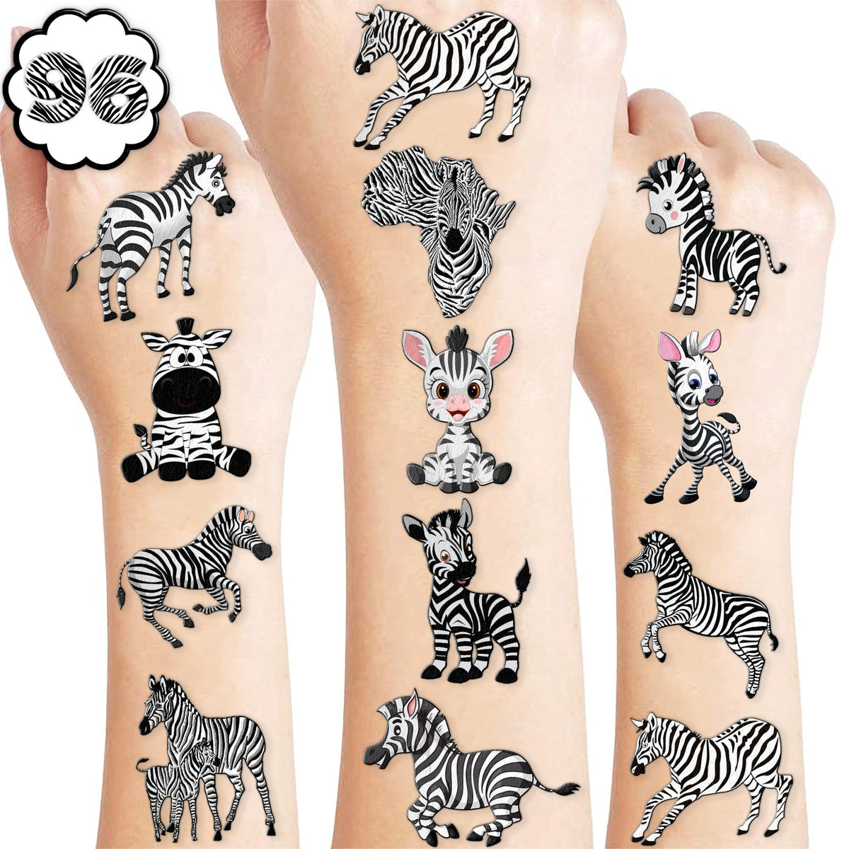 102 PCS Zebra Print Temporary Tattoos Themed Birthday Party Decorations Supplies Favors Decor Cute Jungle Safari Animal Tattoo Stickers Gifts For Game Boys Girls Classroom School Prizes Carnival