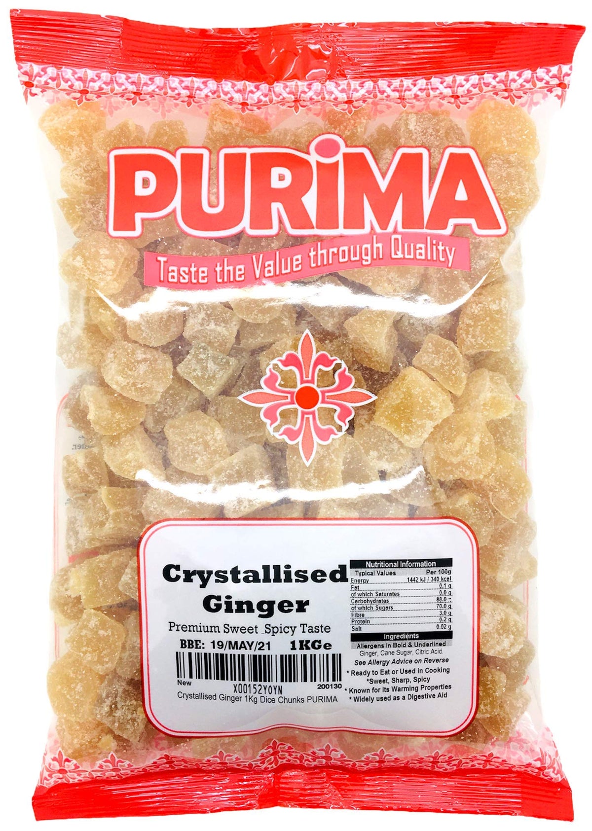 Crystallised Ginger 1kg - Crystalised Stem Ginger Root Chunks Dice Cubes Crystallized PURIMA