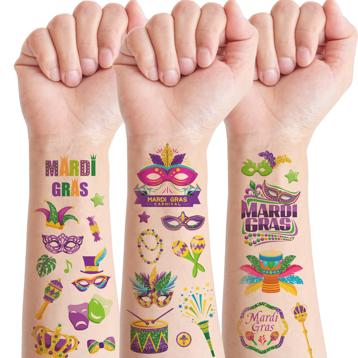 Konsait Mardi Gras Tattoos - 10 Sheets Glitter Mardi Gras Temporary Tattoos for kids Adults, Purple and Green Mardi Gras Makeup Tattoos, Assorted Style Mardi Gras Party Favors Mardi Gras Accessories