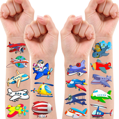 100PCS Airplane Temporary Tattoos Stickers Plane Travel Themed Birthday Party Decorations Favors Supplies Cool Jet Helicopter Aircraft Tattoo Sticker Gifts For Kids Boys Girls School Prizes Carnival