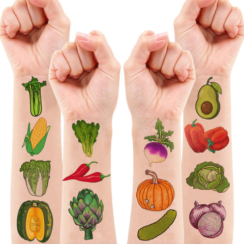 96 PCS Funny Vegetable Temporary Tattoos Sticker Avocado Corn Pumpkin Birthday Party Decorations Supplies Favors Celebration Gifts Boys Girls Baby Shower Cute Tattoo School Reward Themed