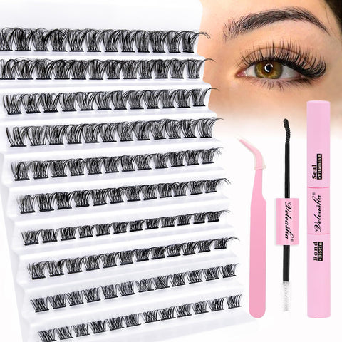 Veleasha DIY Lash Extension Kit 120PCS D Curl Lash Clusters with Waterproof Lash Bond and Seal, Lash Tweezers Eyelash Extensions Kit Soft DIY Cluster Eyelash Extensions Kit at Home (B10,8-16MM,Kit)