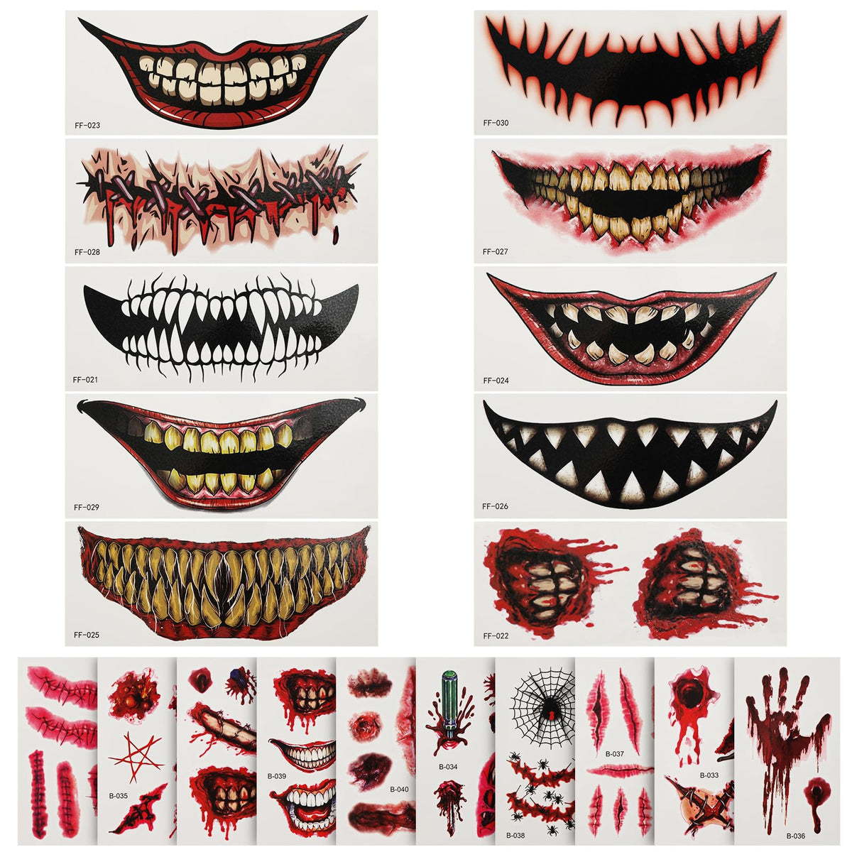 20 Sheets Halloween Tattoo Stickers, Realistic Waterproof Scary Big Mouth Face Sticker Halloween Tattoos Make up Stickers Face Tattoo for Halloween Cosplay Decor