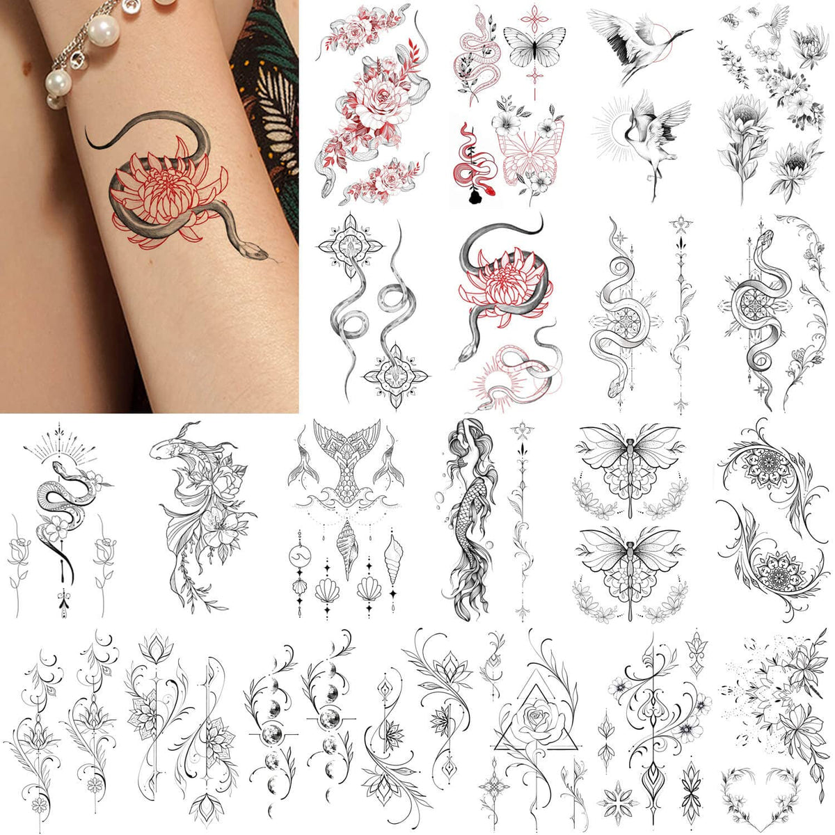 21 Sheets Black Tiny Temporary Tattoo, Hands Face Tattoo Sticker for Men Women, Mermaid Snake Flower Floral Designs Body Art on Arm Neck Shoulder Clavicle Waterproof