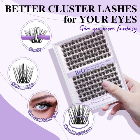 B&Q Lash Clusters B62 Clusters Lashes 144 PCS Eyelash Clusters D Curl 12mm Individual Lashes Wispy Volume False Eyelashes Soft Lightweight DIY Eyelash Extension at Home (B62,D-12mm)