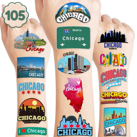 105 PCS Chicago City Skyline Flag Stickers Temporary Tattoos Stickers Birthday Party Decorations Supplies Favors Decor Cute Illinois Tattoo Sticker Gifts for Kids Boys Girls School Prizes Carnival