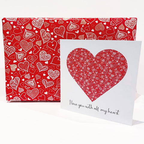 Valentines Card with 2 sheets of Gift Wrap. Heart Design. Card 150x150mm, Gift Wrap 500 x 700mm. Valentine's Card with Red Envelope. Verse inside. Printed and Packed in UK.