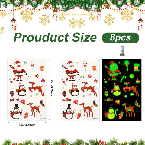 182pcs Glow In The Dark Tattoos, Christmas Temporary Waterproof Luminous Mixed Style Tattoos Sticker Stocking Stuffers Christmas Party Decorations Favors for Kids, 8 Sheets