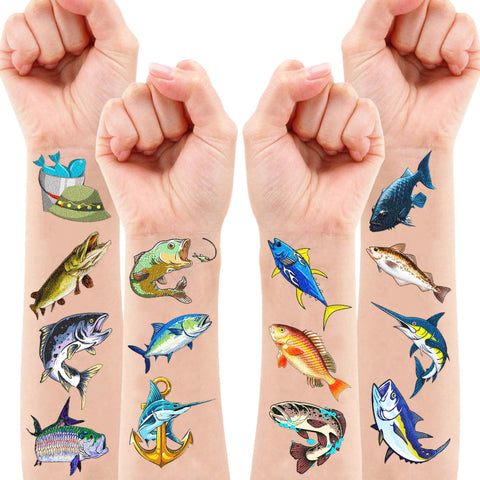 109 PCS Fishing Temporary Tattoos Birthday Party Decorations Favors Supplies Decor Gone Fishing Fish Fisherman Lake Stickers For Girls Boys Gift School Prizes Rewards