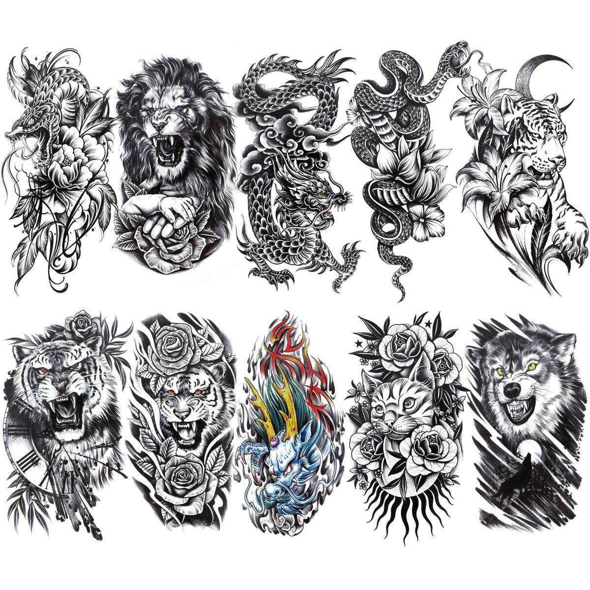 10 Sheets Large Forearm Tattoo Half Sleeve Temp Tattoos For Adults, Konsait Fake Tattoos Realistic Temporary Tattoos for men women Long Lasting Waterproof Black Snake Dragon Wolf Tiger Lion Tattoo