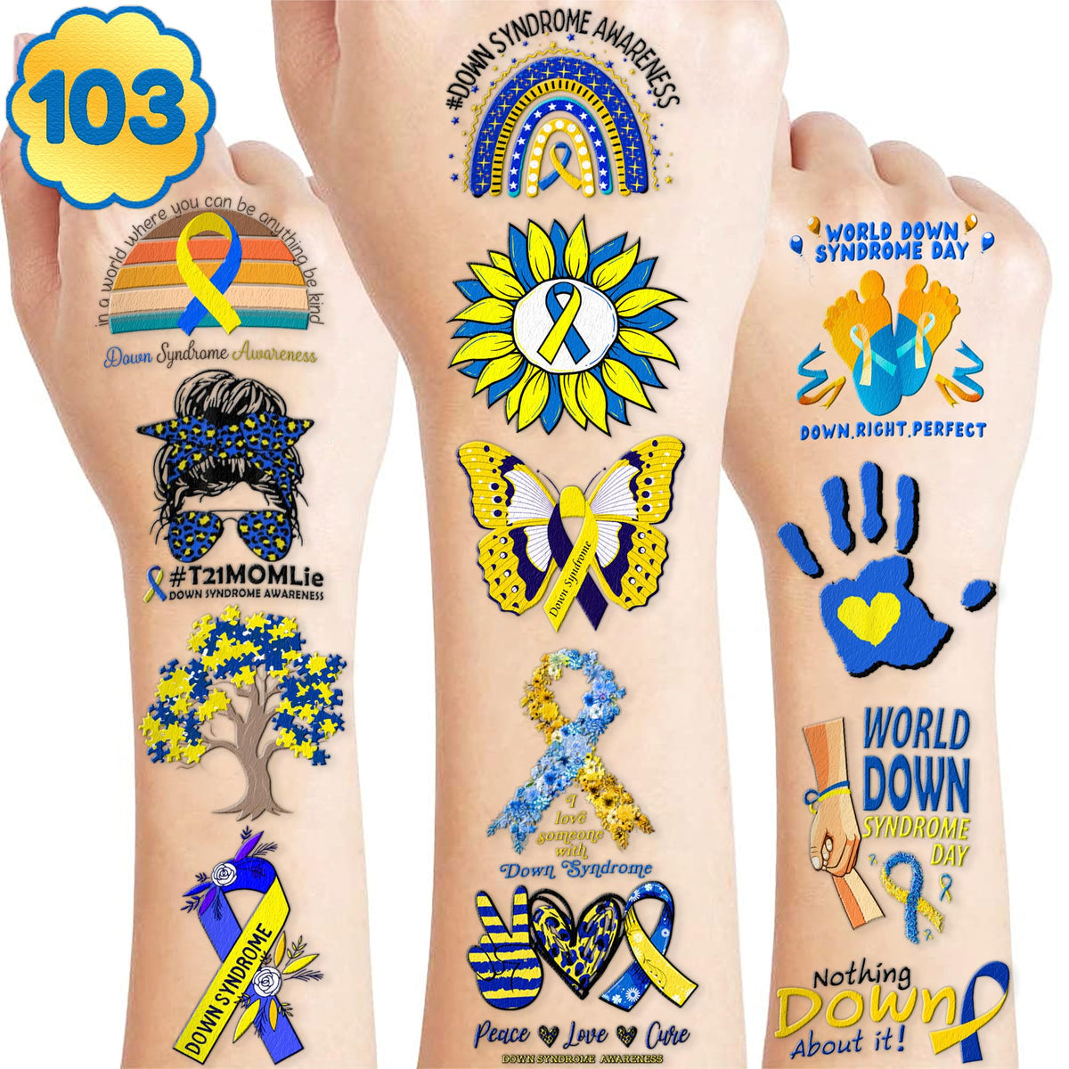 103 PCS Funny Down Syndrome Awareness Temporary Tattoos Stickers Theme Party Decorations Supplies Favors Decor Care Blue Yellow Ribbon Tattoo Sticker Gifts For Kids Boys Girls Class Prizes Carnival