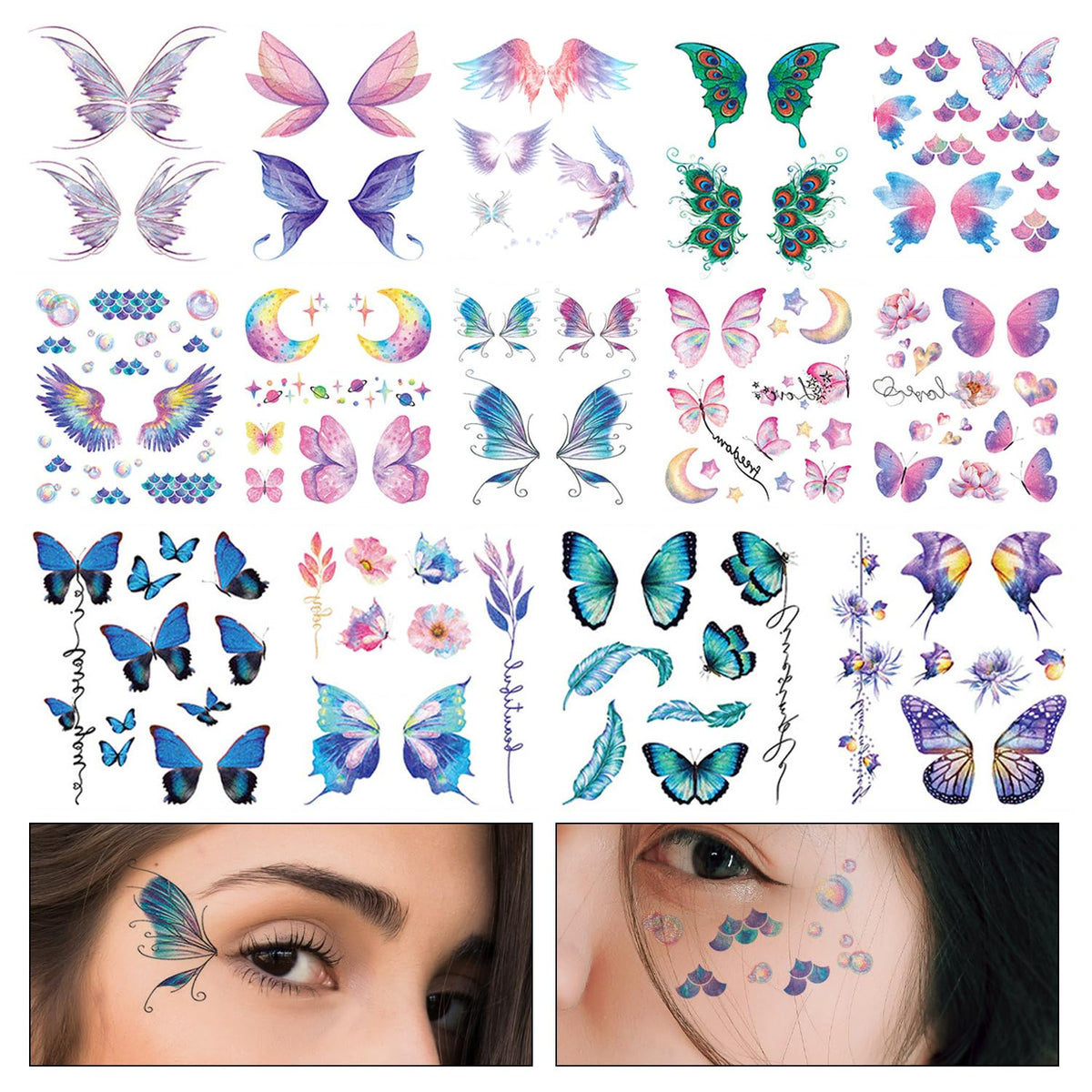 14 Sheets Glitter Butterfly Temporary Tattoos, Waterproof Fairy Wings Temporary Tattoo Body Art Fake Tattoos for Women Girls Festival Music Party Favors Cosplay Eye Face Makeup